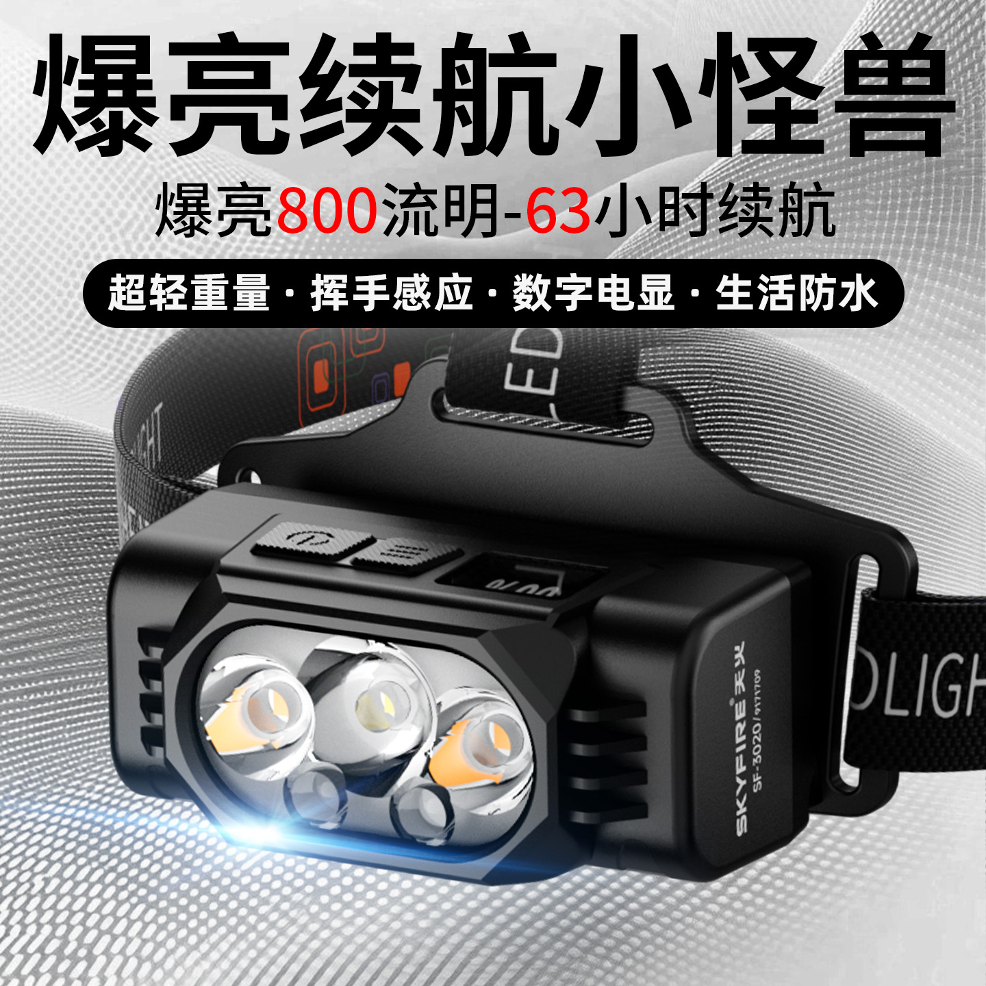 天火小怪兽超轻爆亮头灯800流明