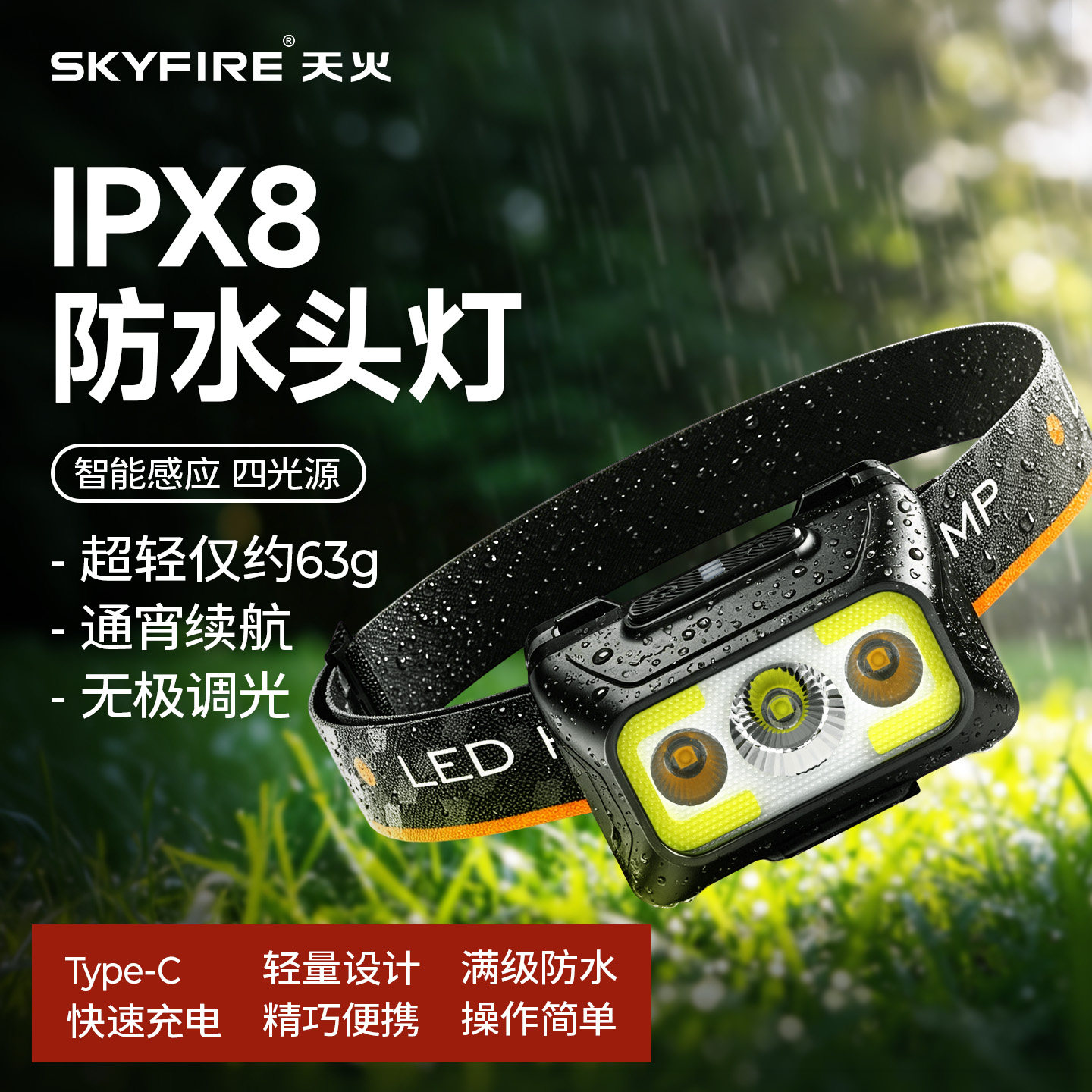 天火强光超长续航防水头灯图片