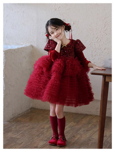女童连衣裙秋冬季高级感洋气丝绒红色亮片公主裙圣诞新年礼服裙子