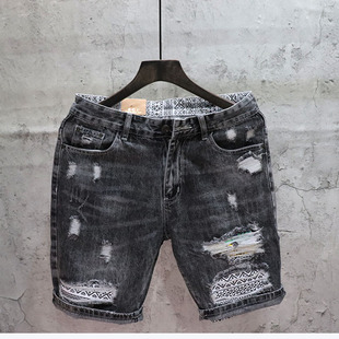 夏季 男士 破洞潮流修身 五分牛仔中裤 韩版 潮牌水洗复古贴布短裤 新品