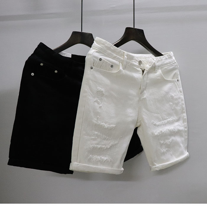 2025潮牌夏季男士牛仔休闲五分短裤破洞补丁中裤潮流白色大码小伙