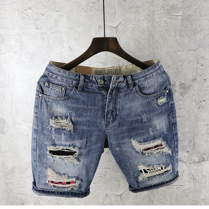 新品破洞潮流男士夏季牛仔五分中裤个性流行韩版短裤修身小直筒男