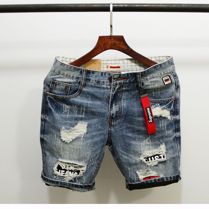 韩国男士夏季牛仔破洞短裤补丁五分中裤修身社会小伙潮男百搭