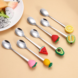 不锈钢水果勺子创意咖啡勺水果图案搅拌勺三齿叉蛋糕甜品叉小叉子