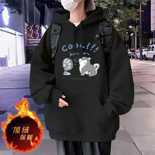 大码重磅300克连帽卫衣胖子宽松显瘦加绒加厚卡通港风冬季不起球