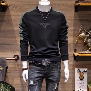 圆领套头秋冬款 潮流修身 加绒卫衣男百搭拼色刺绣外套 韩版 2023新款