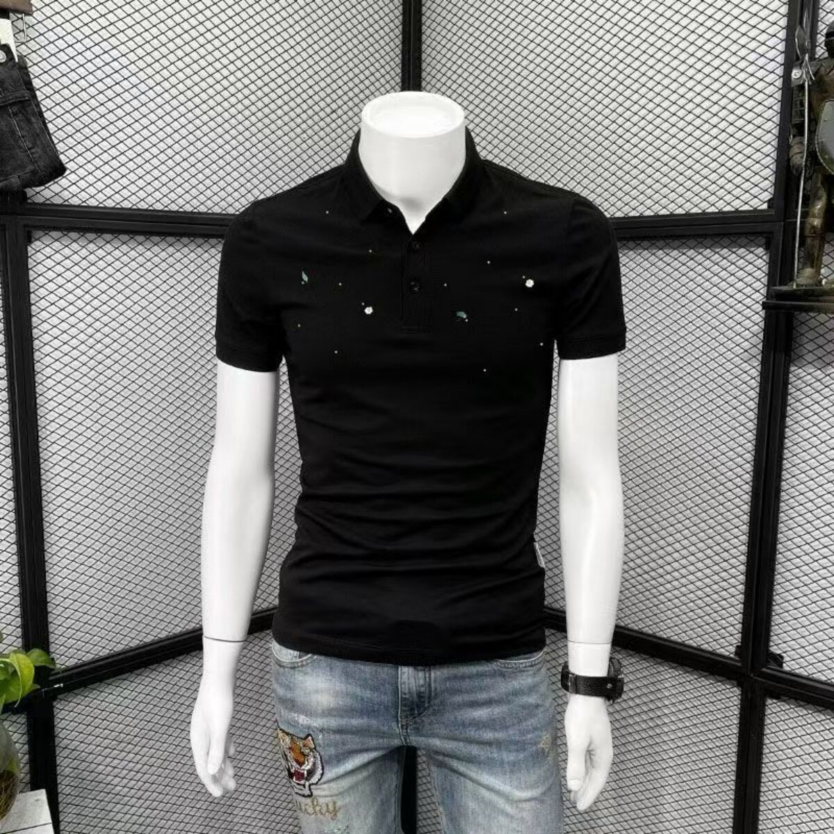 珠地网眼棉翻领POLO衫男夏季刺绣短袖T修身潮流时尚休闲上衣黑色