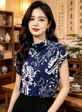 青花瓷大码新中式风情印花气质女上衣立领夏季2026新款短袖衬衫