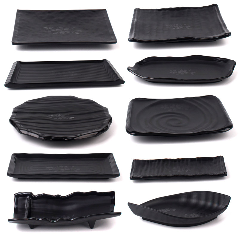 黑色樱花密胺磨砂餐具火锅肉盘盖饭盘寿司盘异形特色盘长方形盘子