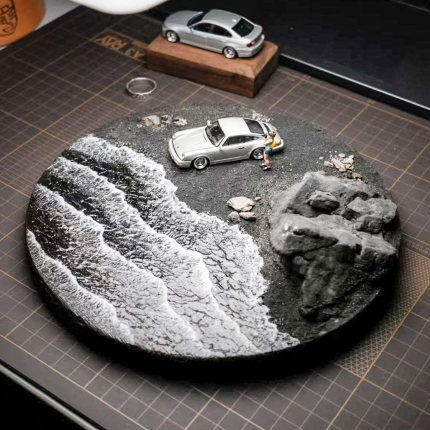 季风手作 1:64 冰岛圆形场景 悬崖海景 不含拍照车 手工场景
