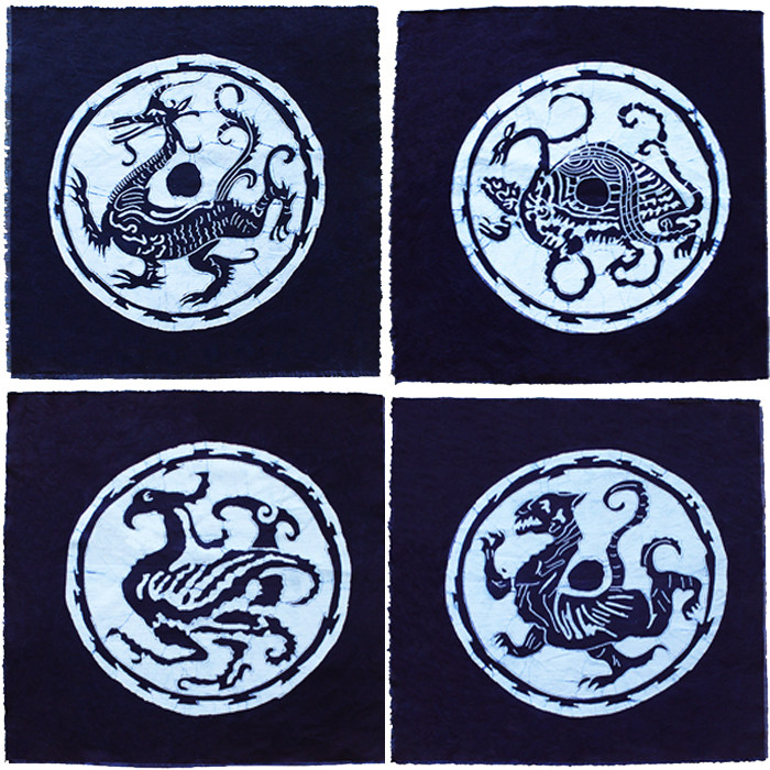 云南苗族特色蜡染画纯手工蜡染居家装饰画四大神兽蜡染壁挂46×46