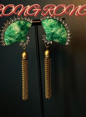中古新中式古风玉石扇子流苏耳钉重工气质大气vintage耳饰