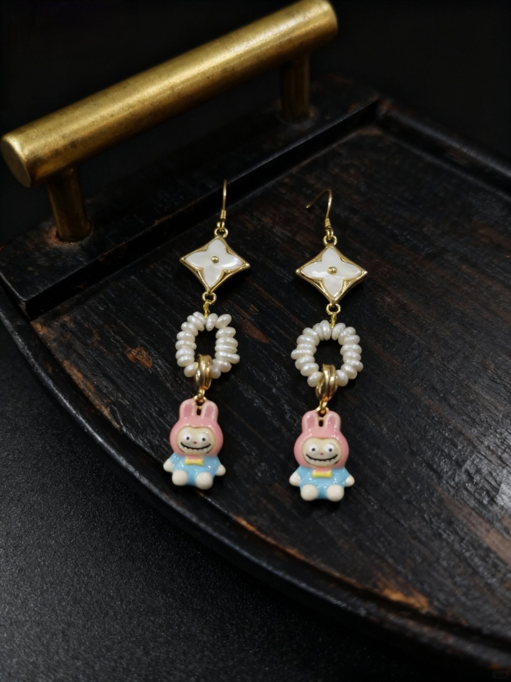 原创925银针可爱labubu耳环淡水珍珠气质长款耳坠甜美少女耳饰