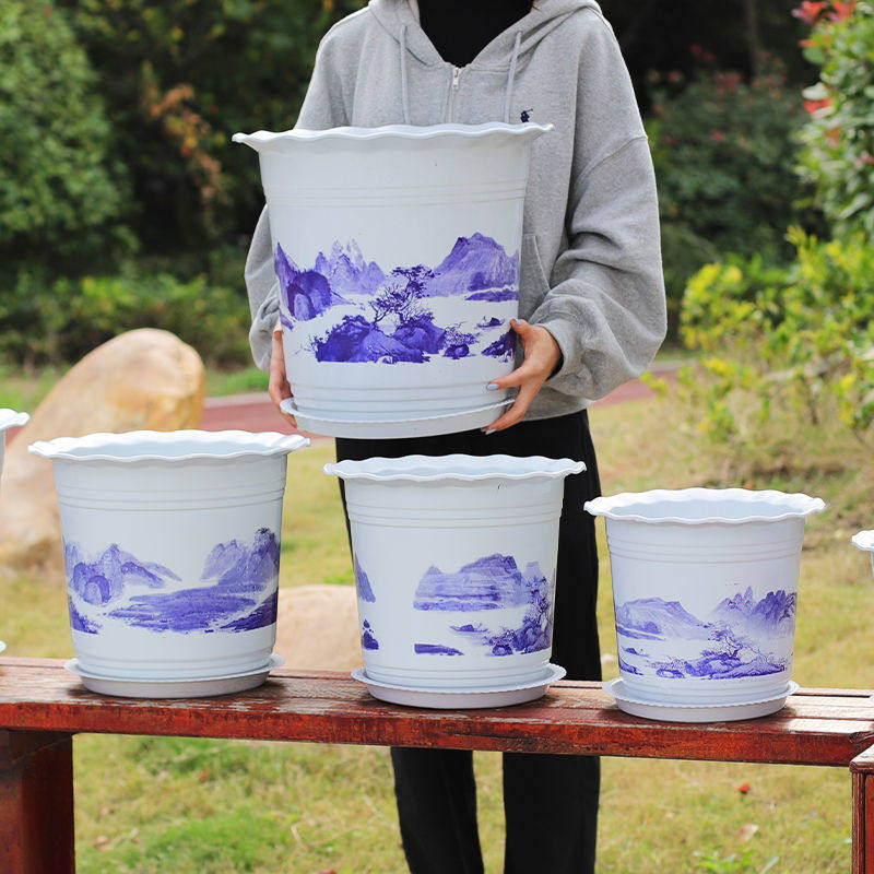山水仿陶瓷树脂花盆高档优质特大加厚塑料高筒圆形大号透气带托盘