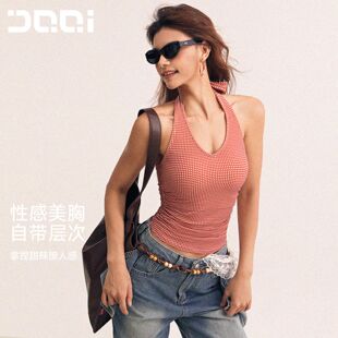 的确奇复古辣妹格纹背心女美式时髦挂脖吊带自带杯运动健身衣2423