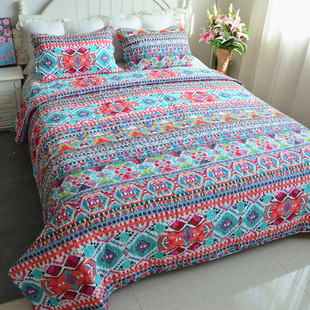 复古美式纯棉绗缝被三件套加大双人床盖床品全棉衍缝被床单空调被