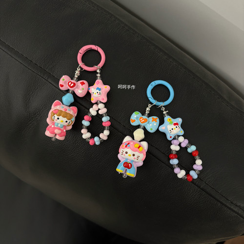 粉紫蓝hello Kitty蝴蝶结成品提溜手机链钥匙扣包挂件手绘珠DIY