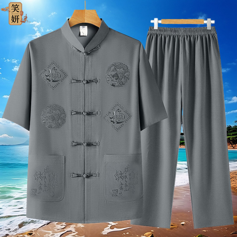 唐装衬衫中老年人爸爸短袖套装爷爷男士夏装衣服薄款夏季套装衬衣