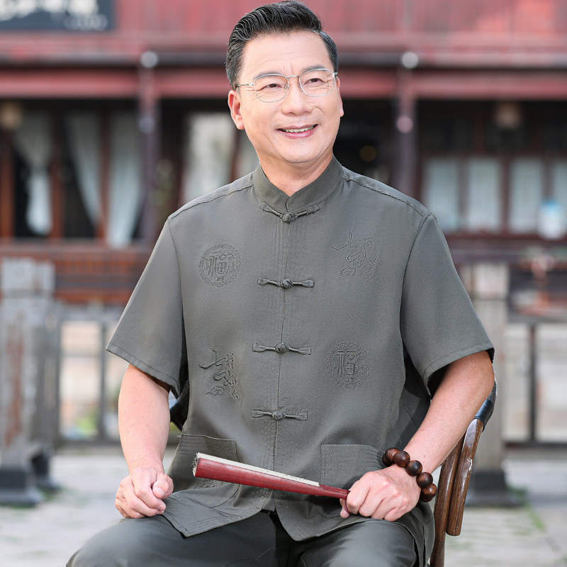 唐装中老年人衬衫爸爸夏季短袖套装爷爷男士夏装立领衣服薄款衬衣