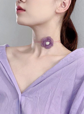 花菇凉细丝带女系带花朵锁骨链