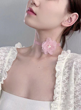 花朵项圈粉色纱带项圈短款锁骨链