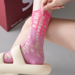 春夏薄款 多巴胺纯棉网眼卡丝水晶袜 镂空破洞中筒袜子女堆堆袜夏季