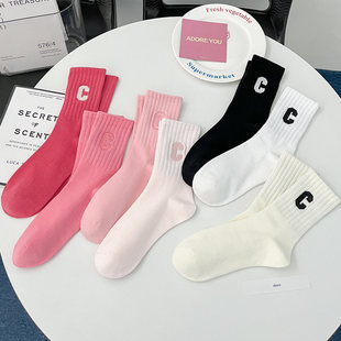 春夏粉色中筒袜子女运动袜ins潮牌大C字母纯棉高腰长袜韩国学生袜