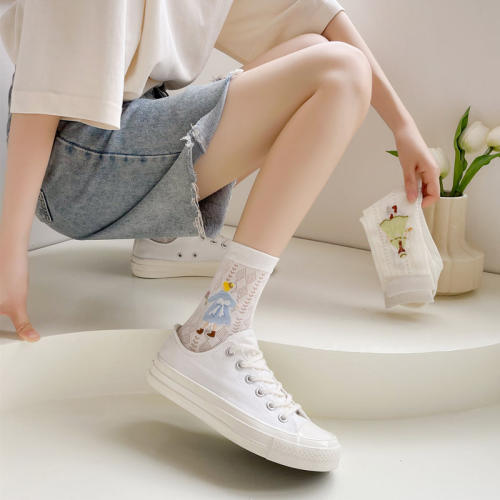 女式纯棉白色少女风中筒袜透气