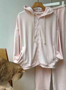 Americanvintage同款套装连帽宽松慵懒软糯开衫阔腿裤女卫衣外套