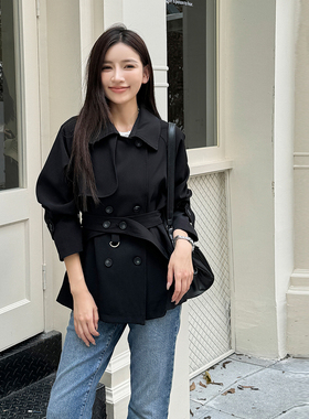 浅布调春秋气质翻领长袖黑色短款风衣外套女收腰绑带休闲短开衫潮