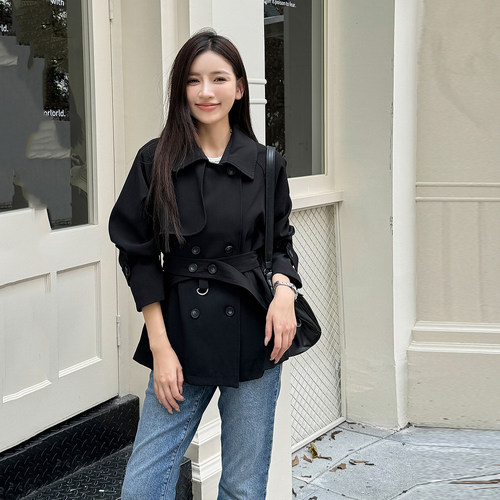 浅布调春秋气质翻领长袖黑色短款风衣外套女收腰绑带休闲短开衫潮