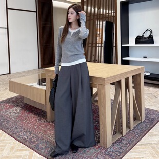 浅布调春秋高腰简约高级感灰色垂感压褶休闲阔腿裤拖地高个加长裤