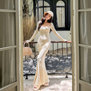 浅布调高个子春秋纯欲包臀鱼尾连衣裙方领厚针织裙收腰显瘦长裙女