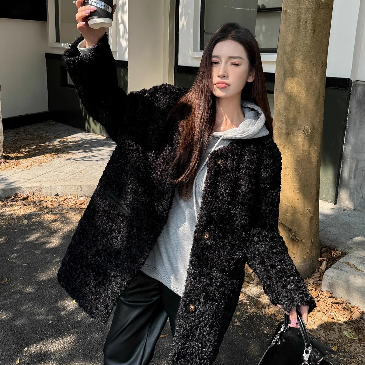 中长款黑色显瘦羊羔毛加厚外套