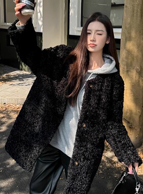 浅布调黑色羊羔毛环保皮草女冬季加厚宽松中长款高级感毛毛外套