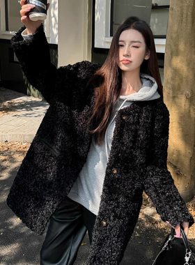 中长款黑色显瘦羊羔毛加厚外套