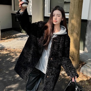 浅布调黑色羊羔毛环保皮草女冬季 高级感毛毛外套 加厚宽松中长款