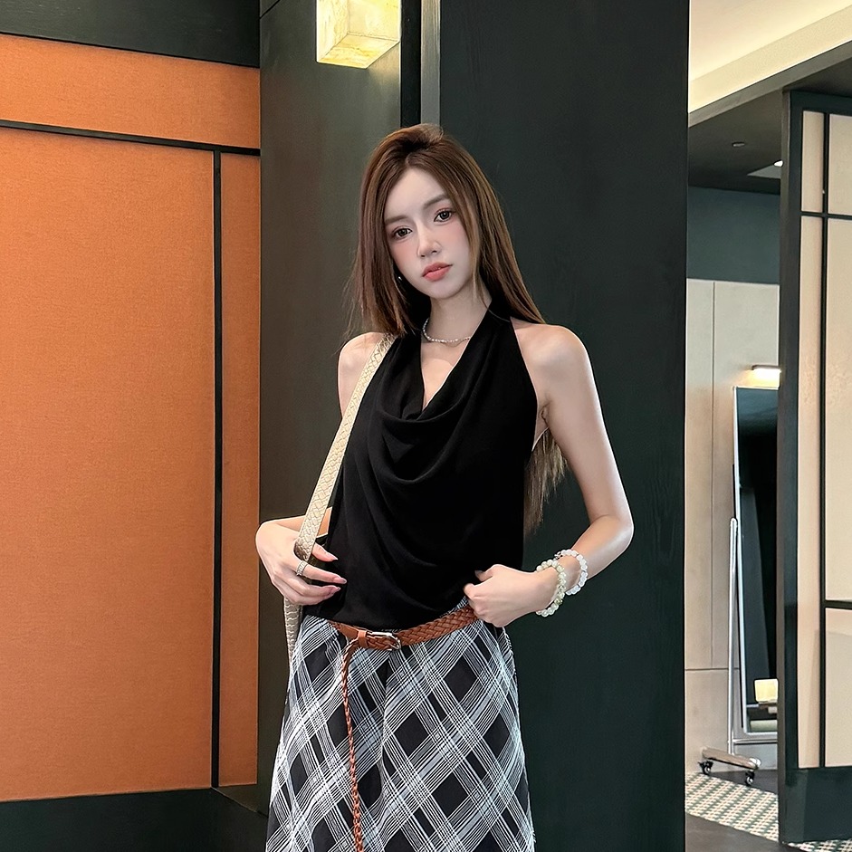 浅布调 夏季显瘦荡领v领吊带背心女外穿无袖挂脖露背天丝针织上衣