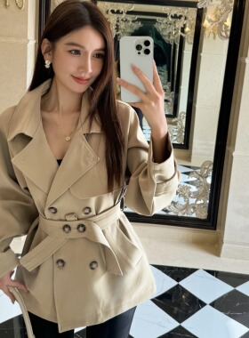 浅布调春秋气质翻领长袖短款风衣外套女收腰绑带休闲短开衫上衣潮