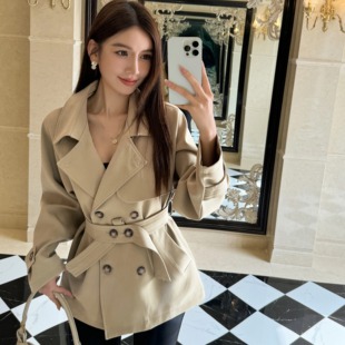 上衣潮 风衣外套女收腰绑带休闲短开衫 浅布调春秋气质翻领长袖 短款