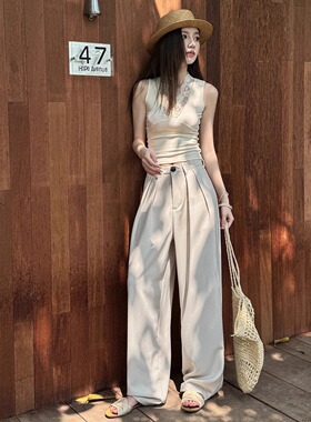 浅布调QBD 春夏高腰显瘦宽松米白色西装裤拖地加长裤垂感阔腿裤女