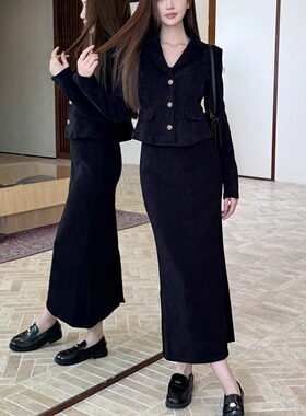 浅布调 秋冬黑色千金小香风套装显瘦加绒加厚西装外套+气质长裙女