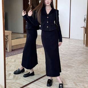 外套 显瘦加绒加厚西装 气质长裙女 秋冬黑色千金小香风套装 浅布调