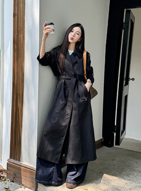 浅布调春秋高个子加长风衣外套高级感黑色廓形系带休闲宽松大衣女