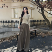 棕色老钱风休闲高个子加长裤 阔腿裤 子 春秋磨毛压褶西装 浅布调QBD