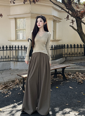 浅布调QBD 秋冬磨毛压褶西装阔腿裤棕色老钱风休闲高个子加长裤子