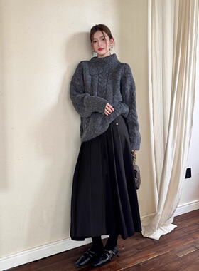 浅布调秋冬新款高智感深灰显瘦高腰百搭黑色百褶半身裙毛呢长裙韩