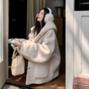 浅布调白色羊羔毛连帽环保皮草女冬季 加厚皮毛一体毛毛外套大衣