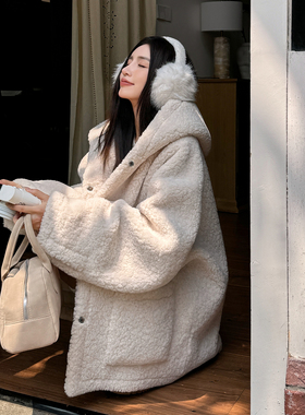浅布调白色羊羔毛连帽环保皮草女冬季加厚皮毛一体毛毛外套大衣