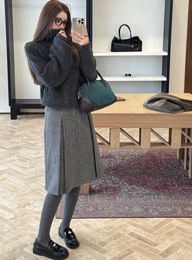 浅布调 秋冬羊毛呢中长款半身裙人字纹A型褶裥裙女百搭休闲百褶裙